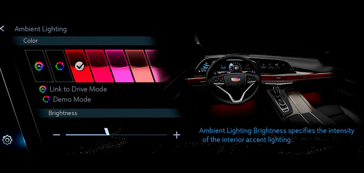 Iluminación ambiental con 126 colores en el interior de tu Cadillac Escalade 2025